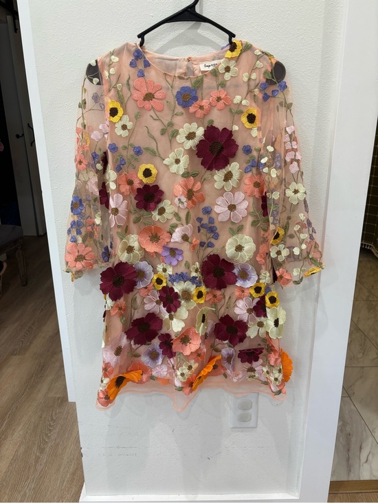 Impressions Tops - Impressions Peach Sheer Floral Embroidered Tunic with Multicolor Flowers